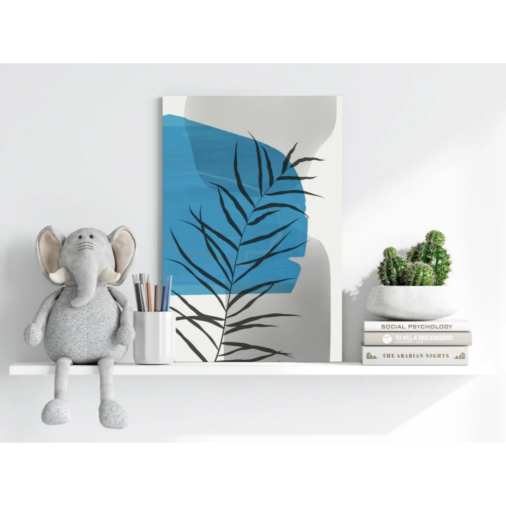 Insigne aluminum prints: modern abstract blue shape and black leaf on gray