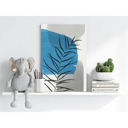 Insigne aluminum prints: modern abstract blue shape and black leaf on gray