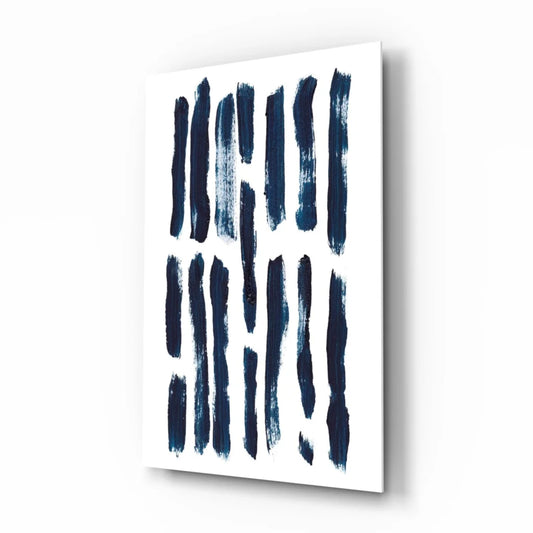 Modern navy blue brushstroke glass wall art on white canvas background
