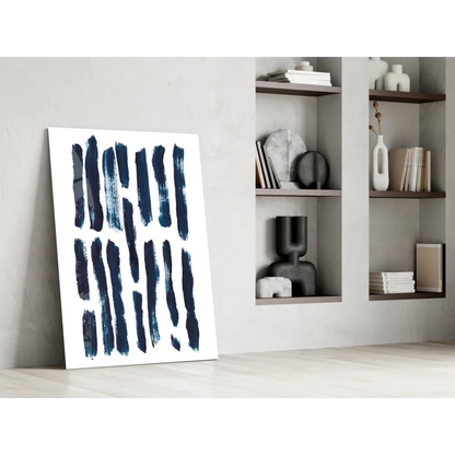 Modern navy blue brushstroke glass wall art on white background