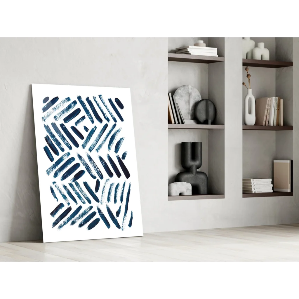 Modern navy blue brushstroke canvas wall art on white background