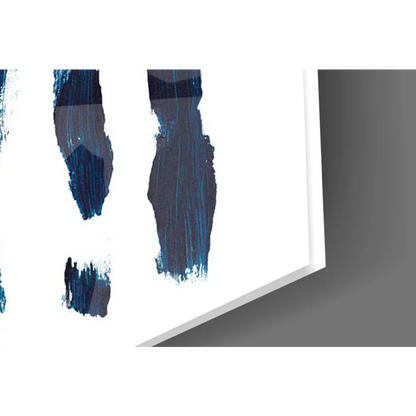Abstract navy teal brushstroke glass wall art on white background