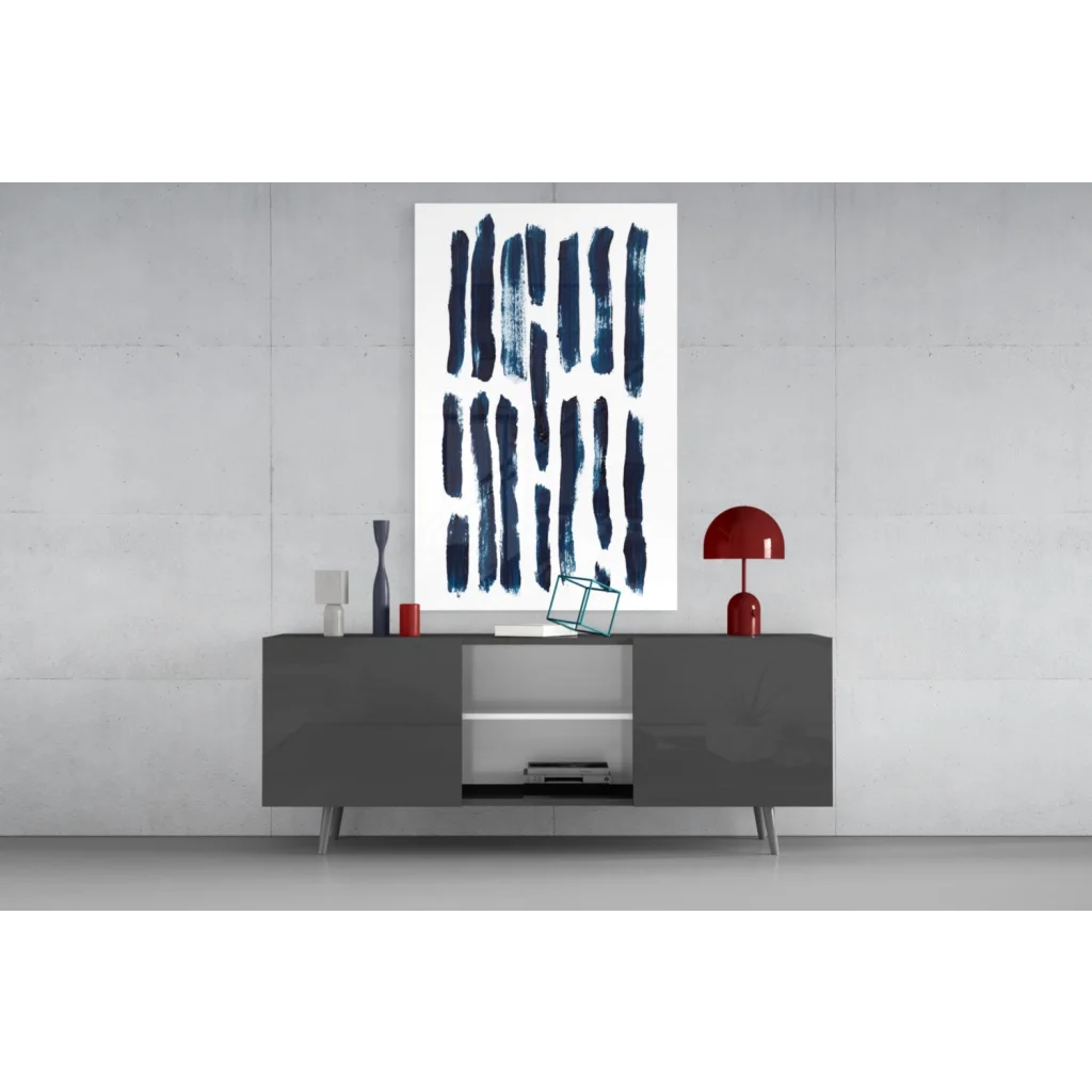 Modern navy blue brushstroke glass wall art on white canvas