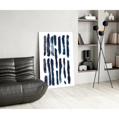 Modern navy blue brushstroke glass wall art on white canvas