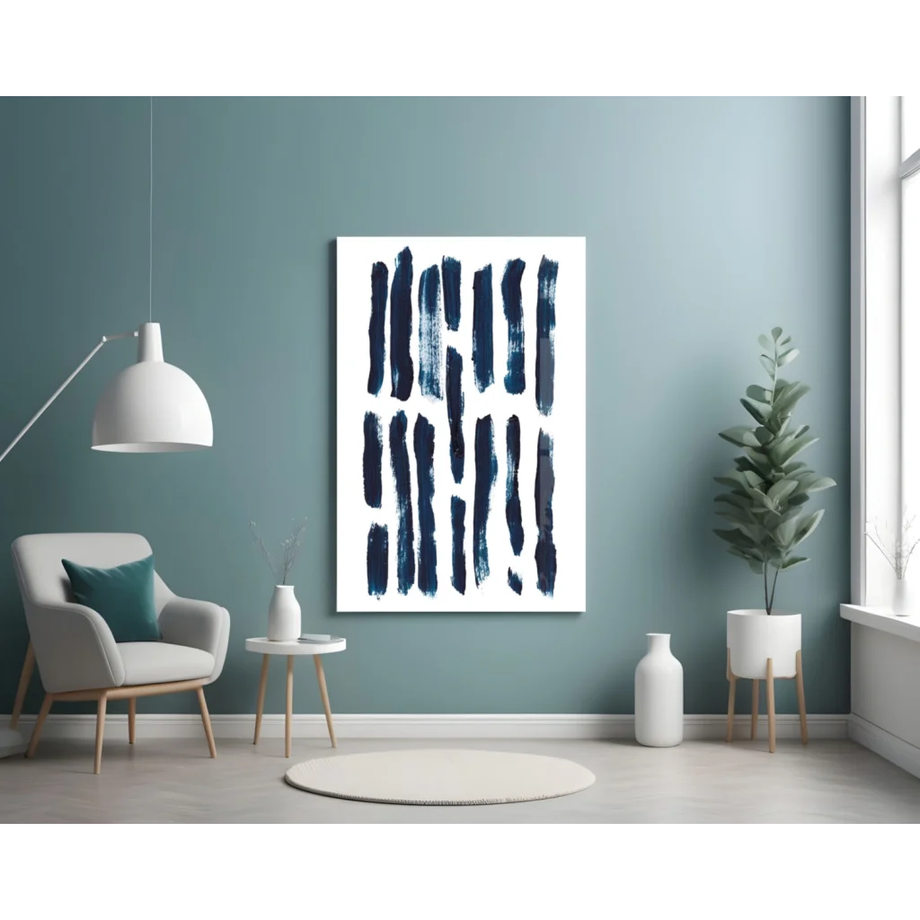 Modern navy blue brushstroke glass wall art on white background