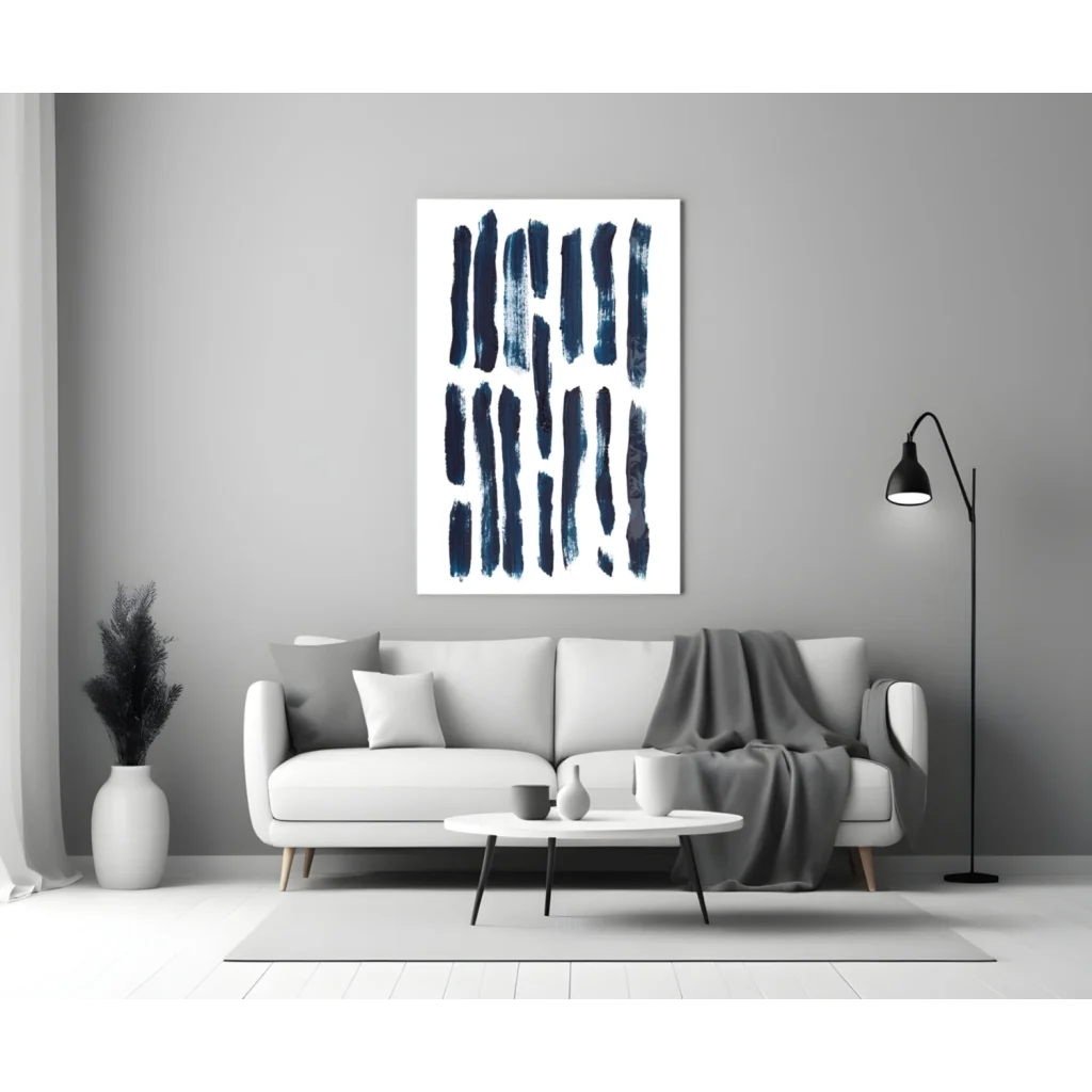 Modern navy blue brushstroke glass wall art on white canvas