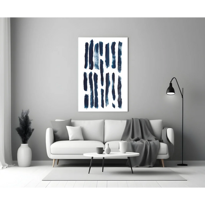 Modern navy blue brushstroke glass wall art on white canvas