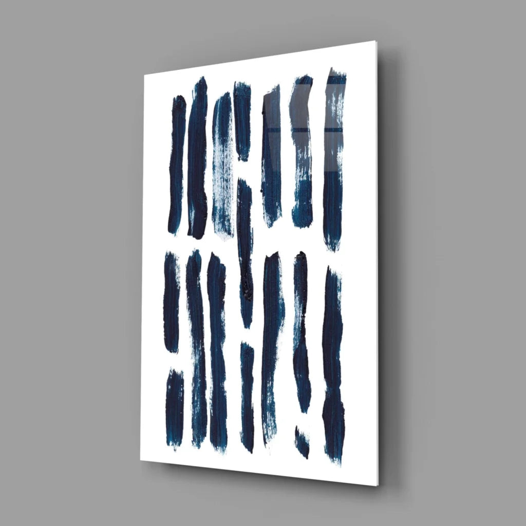 Modern navy blue brushstroke glass wall art on white canvas