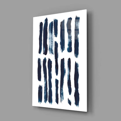 Modern navy blue brushstroke glass wall art on white canvas