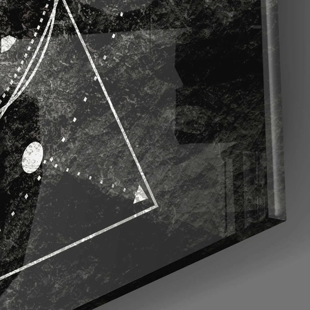 Black and white geometric glass wall art print with marbled texture