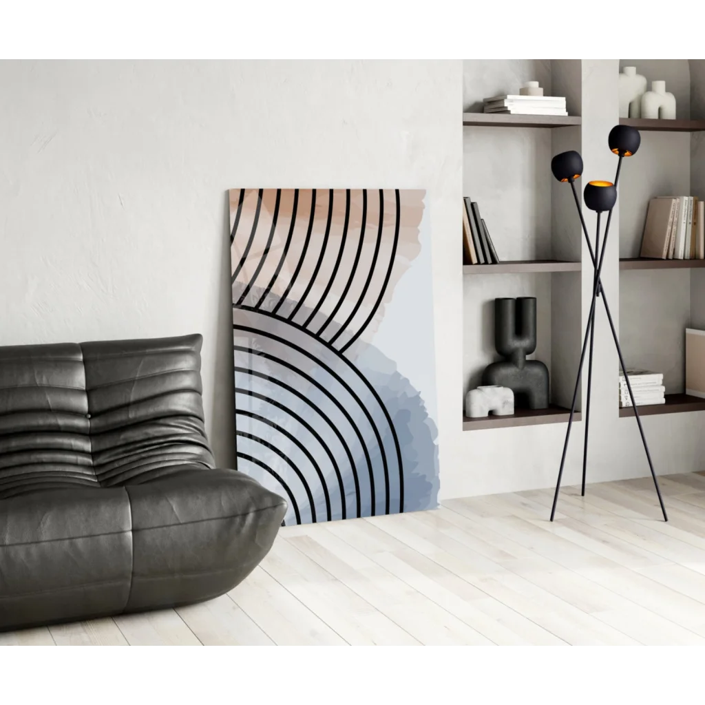 Stunning concentric circles glass wall art with black lines on peach to blue gradient