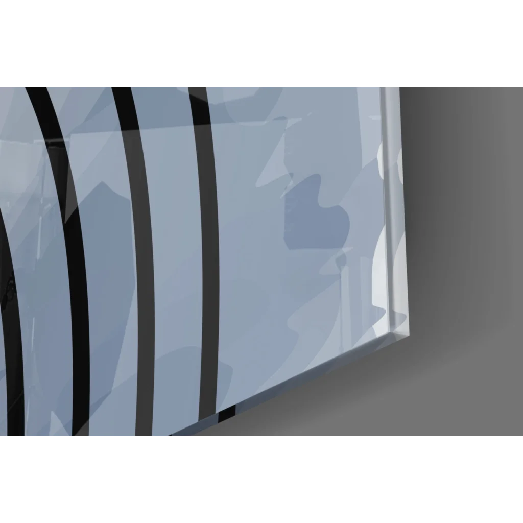 Sleek transparent glass wall art with blue-gray gradient and black bars
