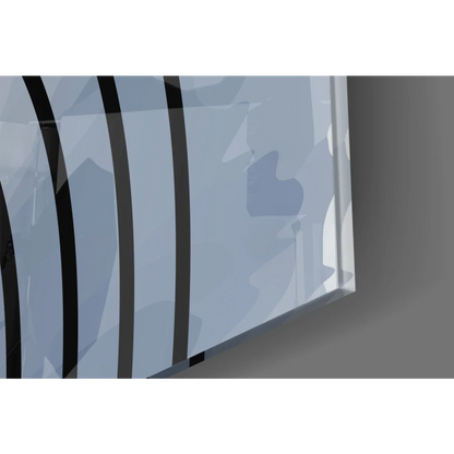 Sleek transparent glass wall art with blue-gray gradient and black bars