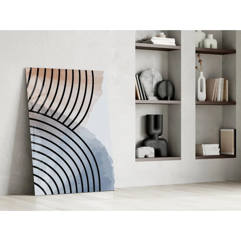 Modern concentric circles glass wall art in peach, gray, blue gradient