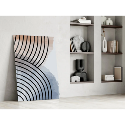 Modern concentric circles glass wall art in peach, gray, blue gradient