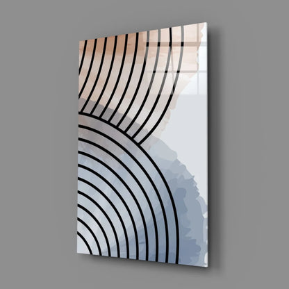 Abstract concentric black lines on peach-gray-white gradient glass wall art