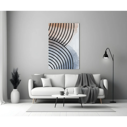 Abstract concentric black lines on peach-blue-white gradient glass wall art