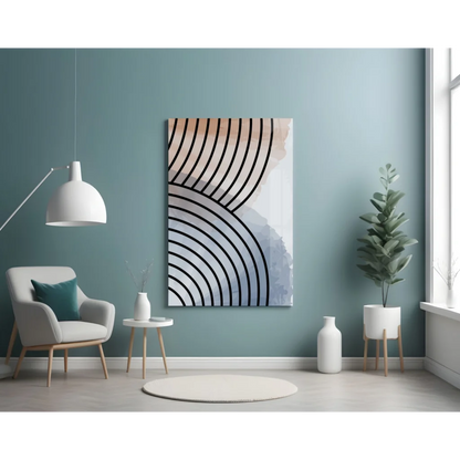 Stunning concentric circles glass wall art with bold black arcs on peach-white-blue gradient
