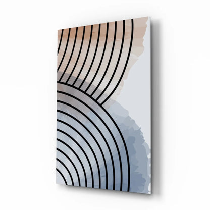 Stunning concentric circles glass wall art with black lines on beige-gray-white gradient