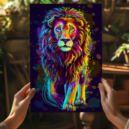 Vibrant neon lion on insigne aluminum prints, bold paint splashes