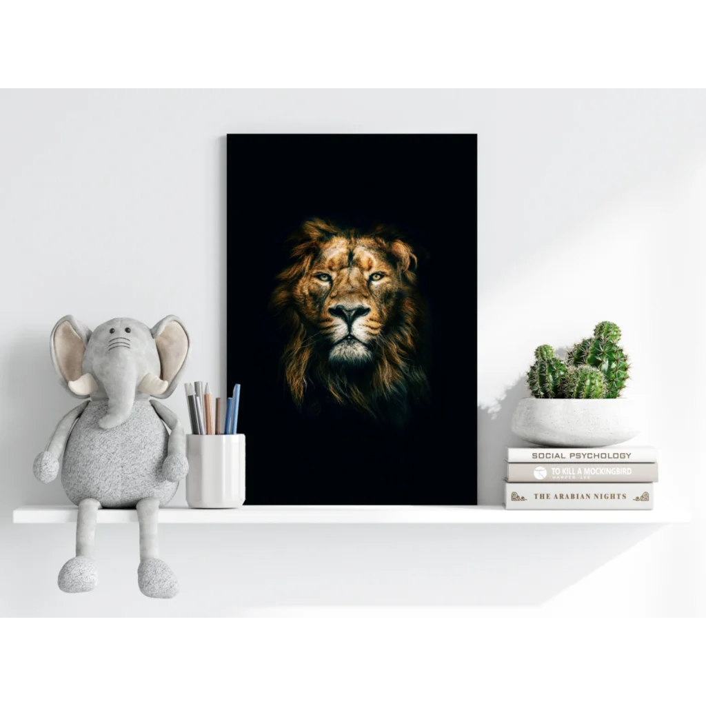 Majestic Lion Insigne Aluminum Print with glowing golden eyes