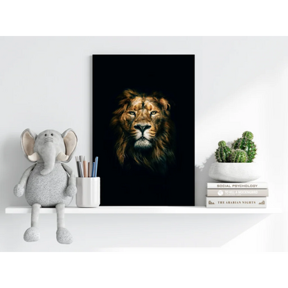 Majestic Lion Insigne Aluminum Print with glowing golden eyes