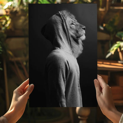 Black-and-white lion in hoodie on Insigne aluminum print