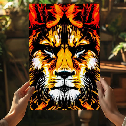 Vibrant fiery lion face on Insigne aluminum prints