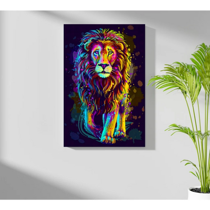 Vibrant neon lion portrait on Insigne aluminum prints with splatter effects