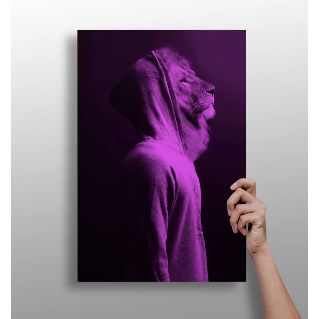 Purple-hued majestic lion hoodie insigne aluminum print