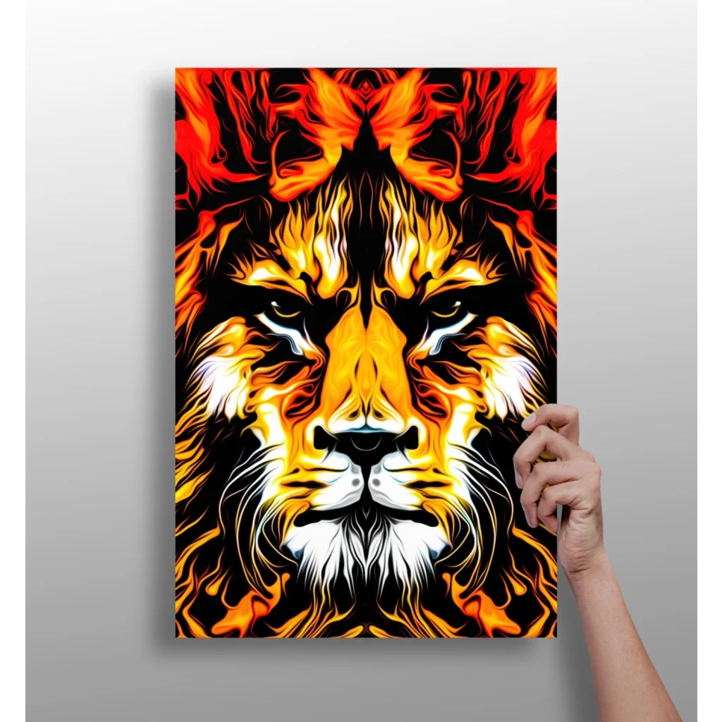 Fiery lion aluminum print on insigne aluminum, vibrant flames on black canvas