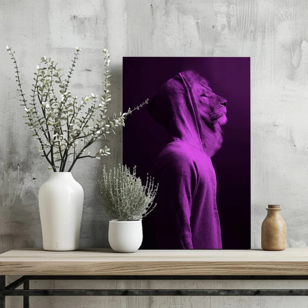 Majestic purple lion hoodie insigne aluminum print for home decor