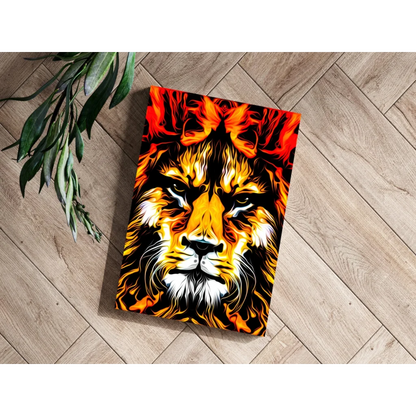 Vibrant flame-themed lion on insigne aluminum prints in orange, yellow, black