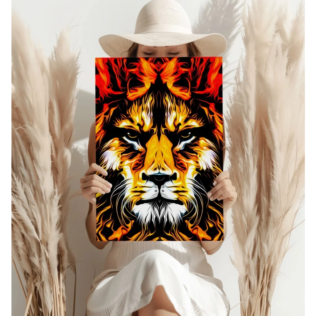 Vibrant fiery lion on insigne aluminum prints, orange yellow black flames white background
