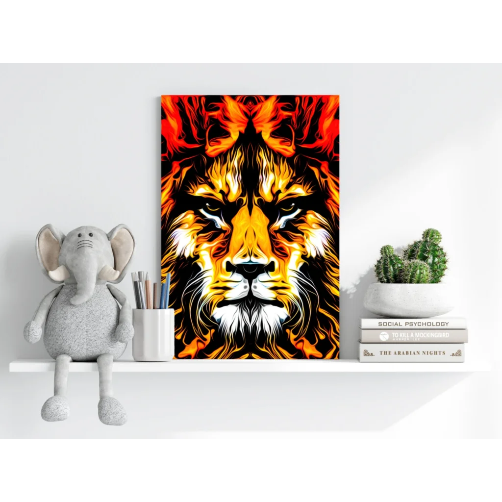 Vibrant flame-themed lion on Insigne aluminum print