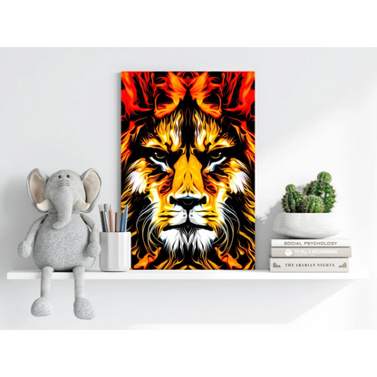 Vibrant flame-themed lion on Insigne aluminum print