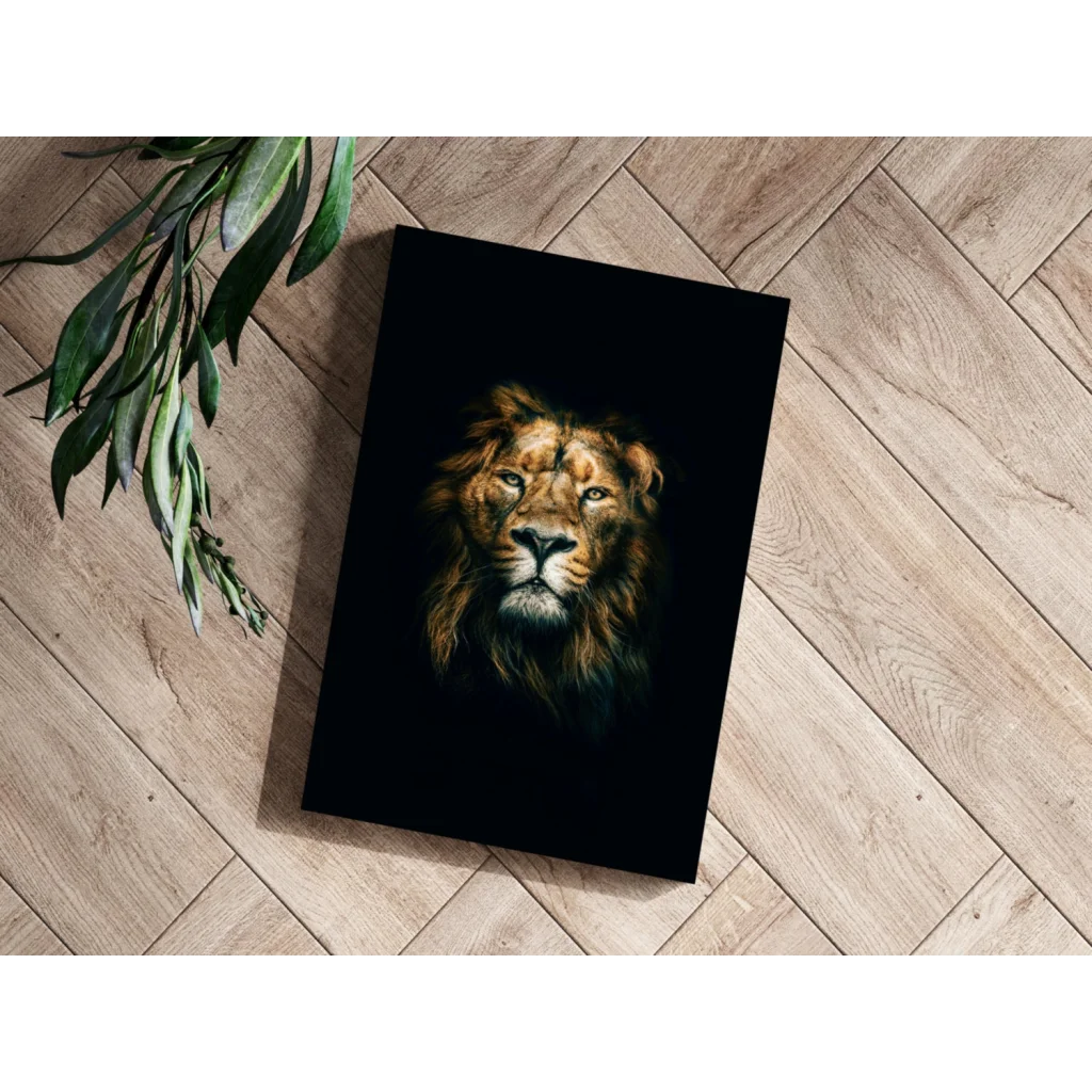 Majestic Lion Insigne Aluminum Print with Glowing Golden Eyes | Modern Wall Art Decor | vintageantiquesgifts.com