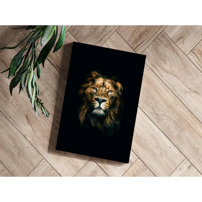 Majestic Lion Insigne Aluminum Print with Glowing Golden Eyes | Modern Wall Art Decor | vintageantiquesgifts.com