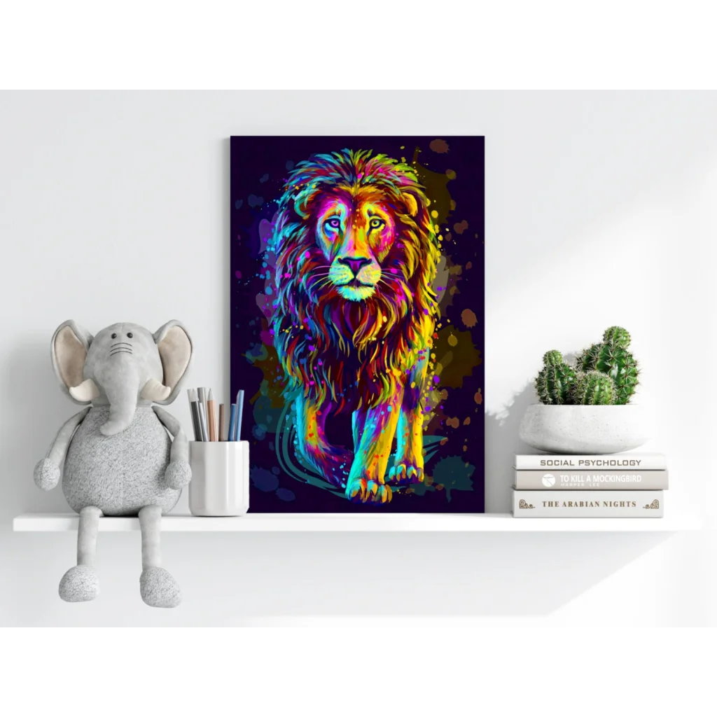 Vibrant multicolored lion portrait on Insigne aluminum prints with splash-paint effect