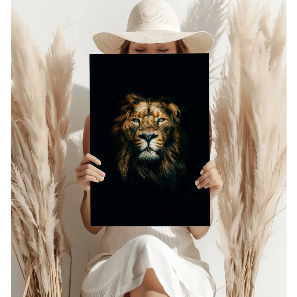 Majestic Lion Insigne Aluminum Print with Glowing Golden Eyes | Contemporary Home Wall Art | vintageantiquesgifts.com