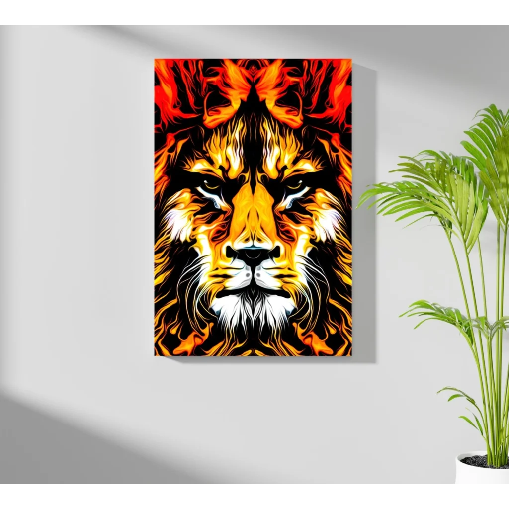 Vibrant fiery lion portrait on insigne aluminum prints