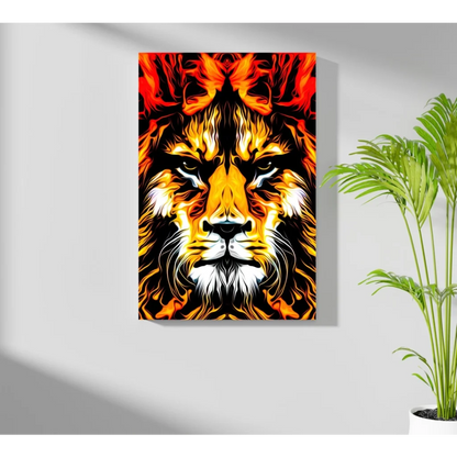 Vibrant fiery lion portrait on insigne aluminum prints
