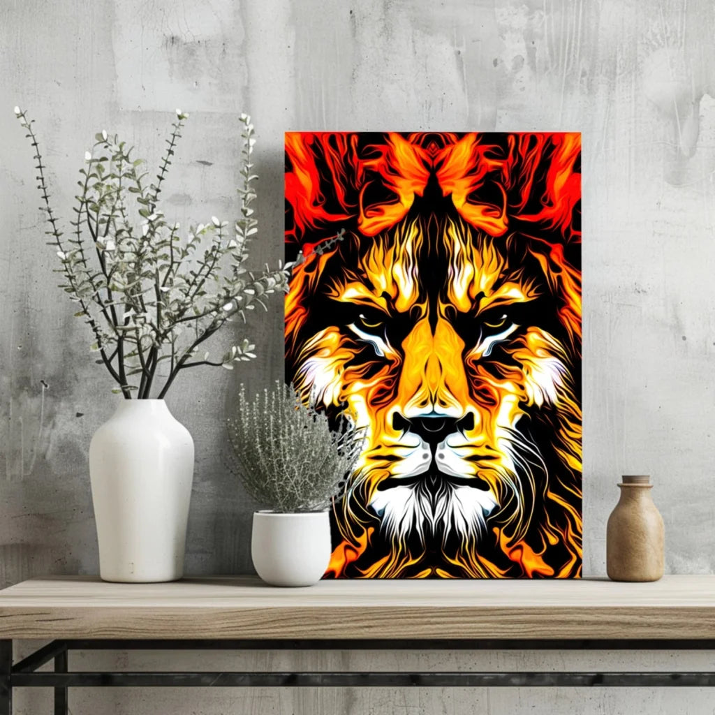 Vibrant flame-themed lion portrait on insigne aluminum print