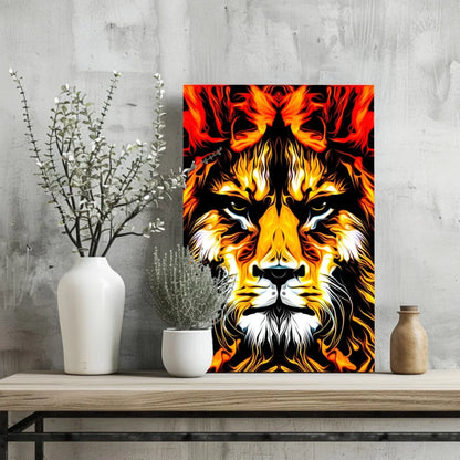 Vibrant flame-themed lion portrait on insigne aluminum print