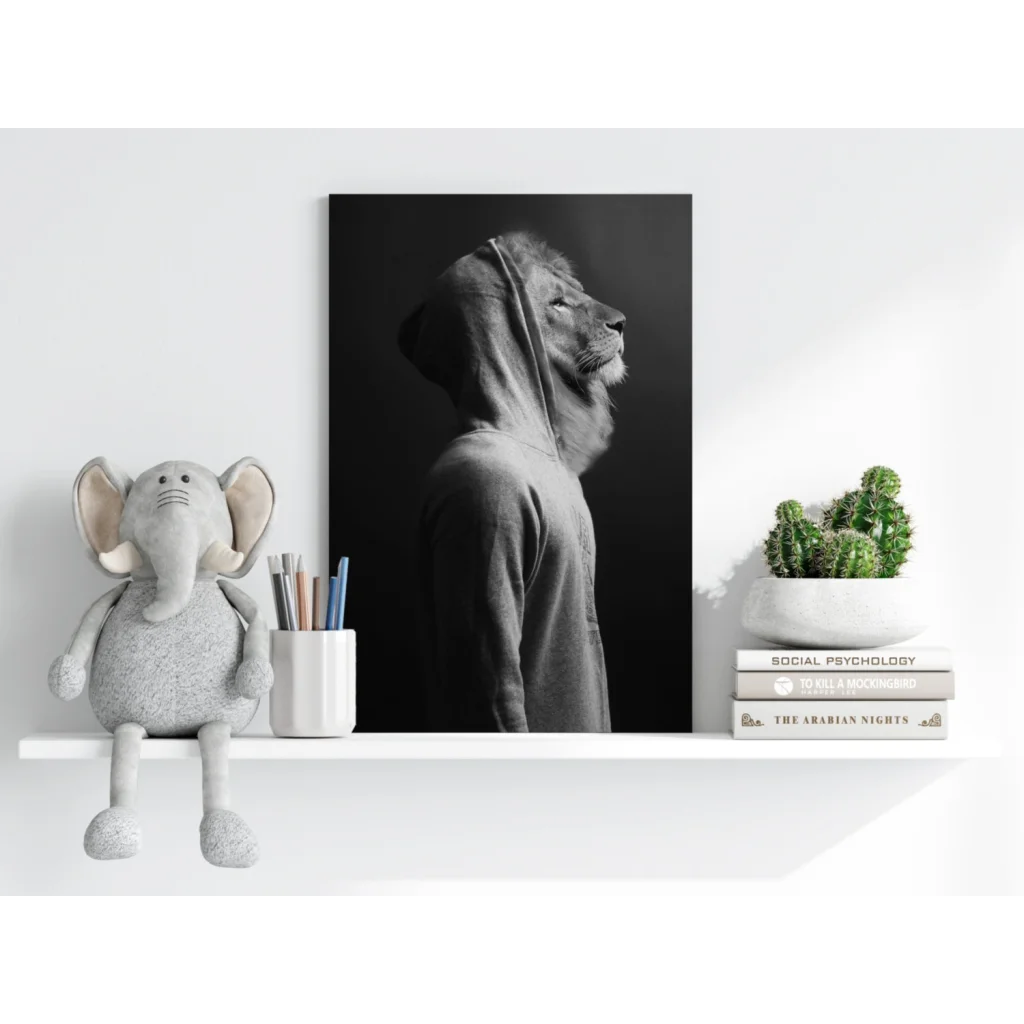 Black and white lion in hooded sweatshirt on Insigne aluminum print