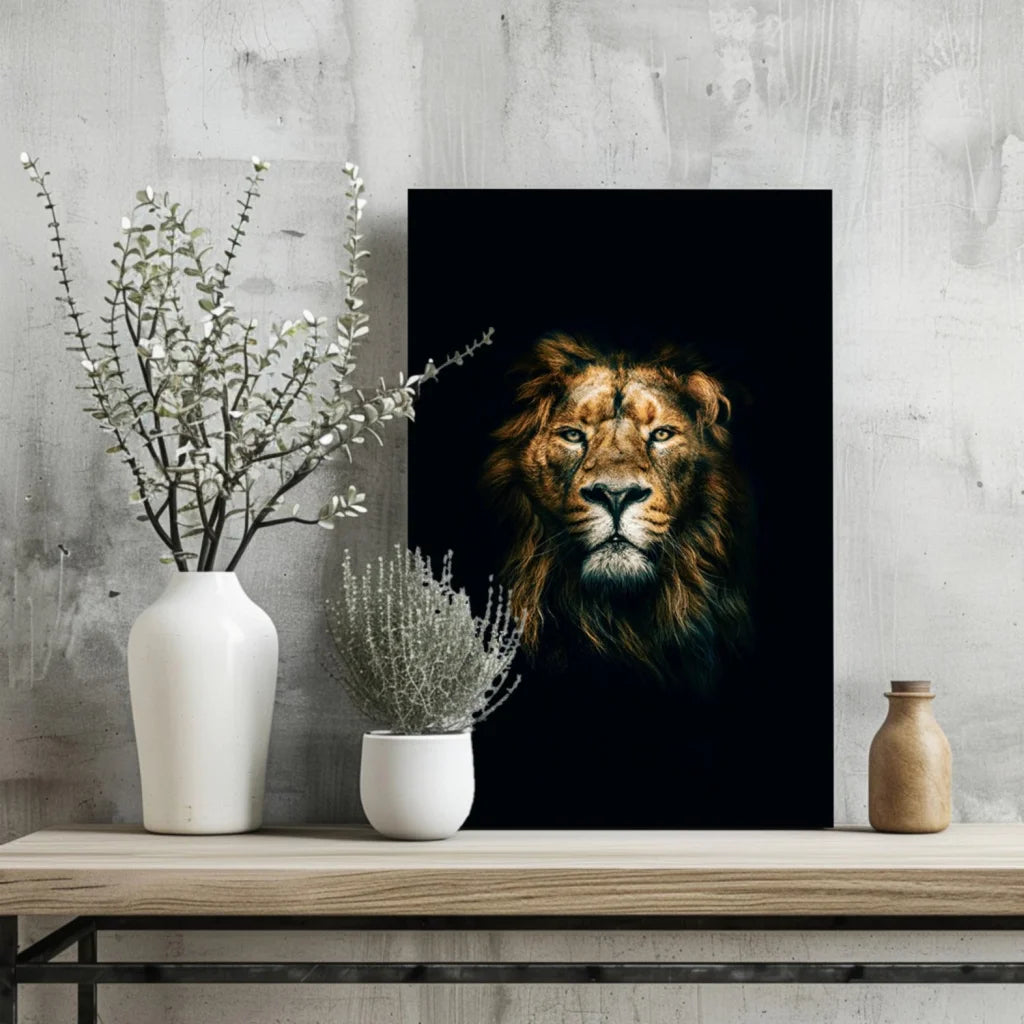 Majestic Lion Insigne Aluminum Print with Glowing Golden Eyes | Glass Wall Art Print | vintageantiquesgifts.com