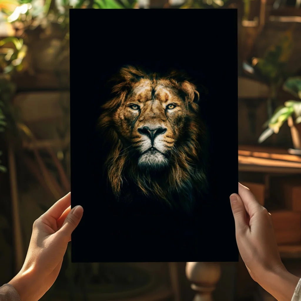 Majestic Lion Insigne Aluminum Print with glowing golden eyes