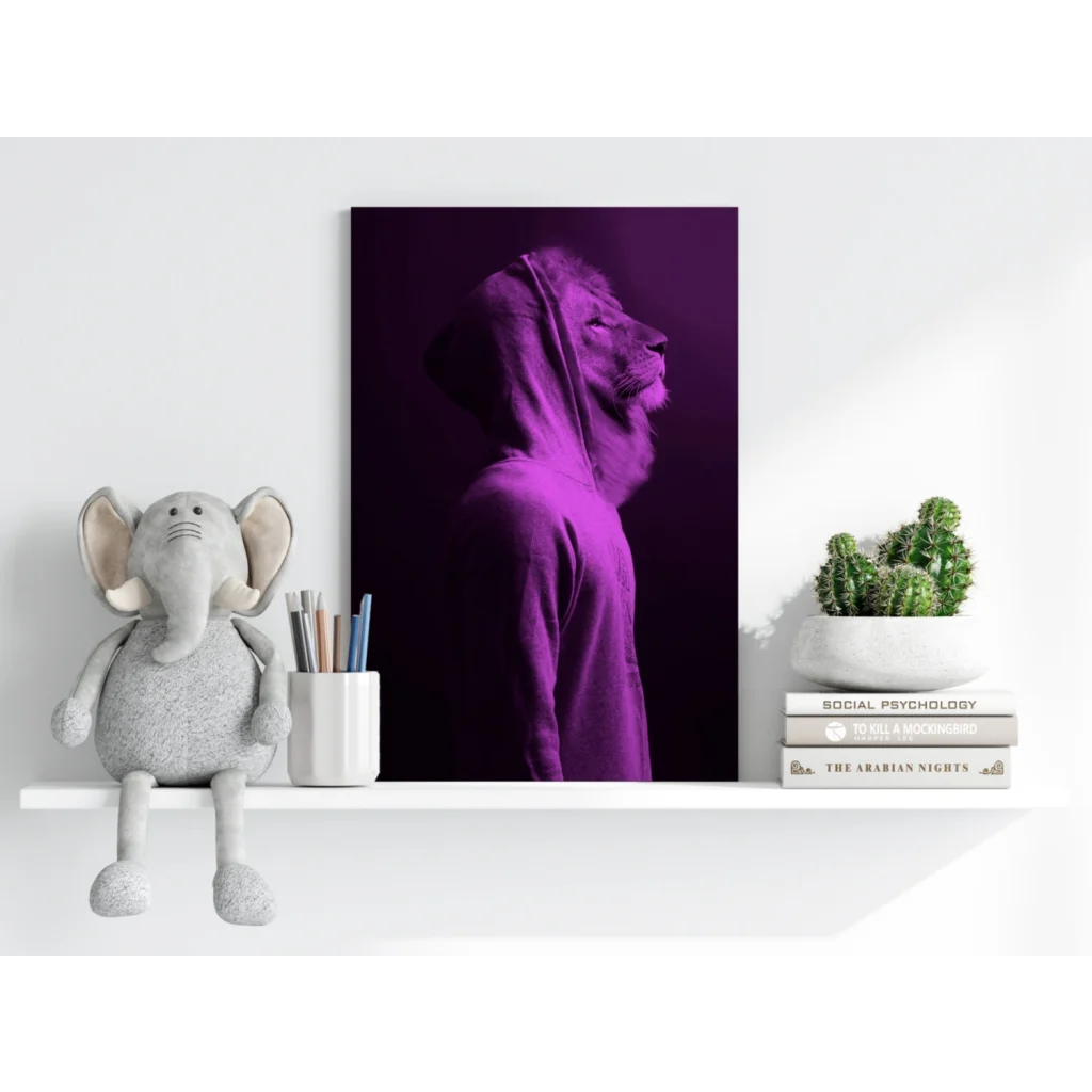 Purple-hued lion in hoodie on insigne aluminum print