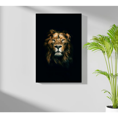 Majestic Lion Insigne Aluminum Print with glowing golden eyes