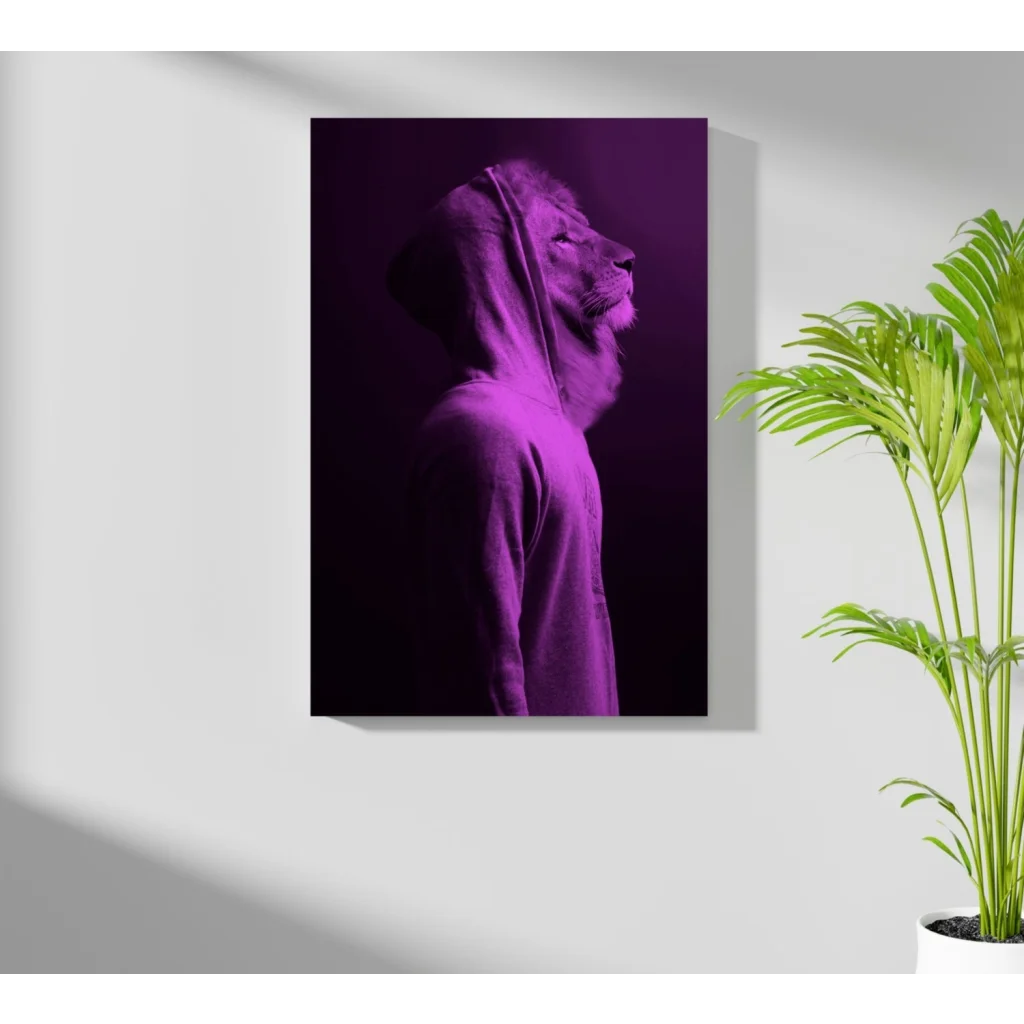 Purple-hued lion in hoodie on insigne aluminum print for home decor